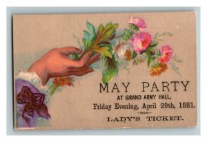 Vintage 1880's Victorian Trade Card Lady's Ticket Grand Army Hall Scituate MA