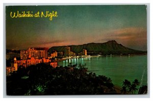 Vintage 1972 Postcard Waikiki Beach Hotels Skyline at Night Oahu Hawaii