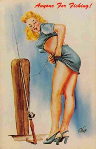 Beautiful Woman Anyone For Fishing Short Skirt Chet Artist Pin Up postcard