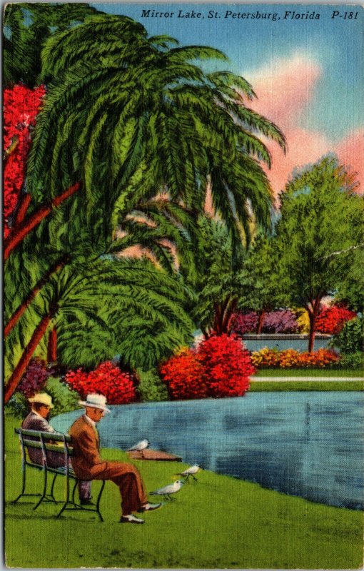 Vtg 1960s Mirror Lake Park St Petersburg Florida FL Linen Postcard