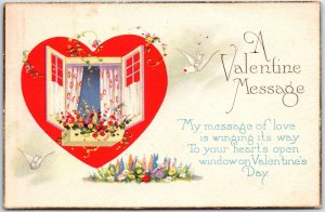 VINTAGE POSTCARD A VALENTINE MESSAGE OPEN WINDOW DOVES FLOWERS MAILED 1933