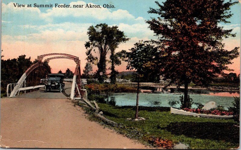 Scenic View Summit Feeder Akron Ohio OH Bridge Antique Car River Postcard Unused 