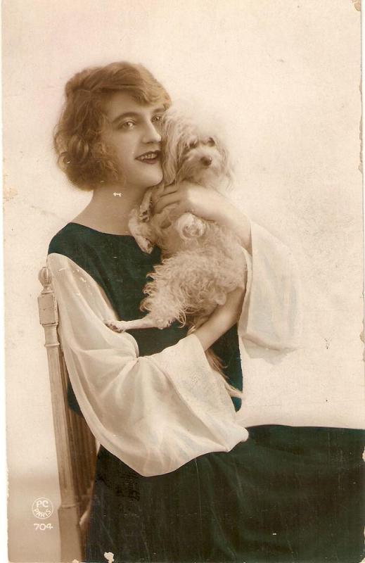 \Romantic lady with her dog\ Old vintage French postcard