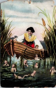 RARE  - MULTIPLE BABIES in WATER - LADY IN BOAT - ANTIQUE POSTCARD 