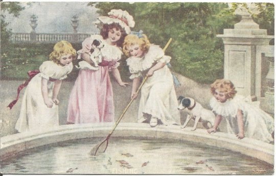 Fishing in the fountain 4 Girls with Puppies Netting Gold Fish Sweet Victorian