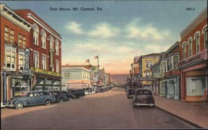 Mt Carmel Pennsylvania PA Oak Street Scene JC Penney Linen Vintage Postcard