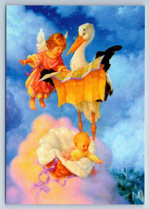 LITTLE ANGEL & Stork with Baby in Heaven CUTE New Unposted Postcard