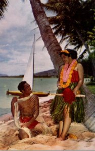 Hawaii Beautiful Hawaiian Maiden and Native Fisherman