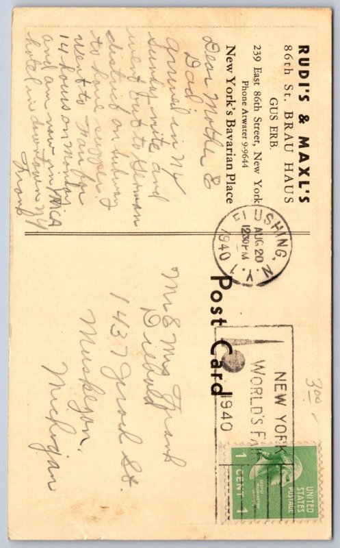 K43/ New York City Postcard 40s Rudi's & Maxl's Brauhaus Restaurant 121