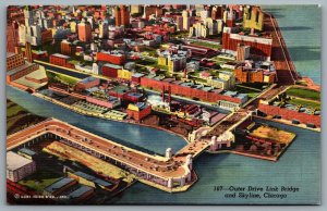 Postcard Chicago IL c1941 Outer Drive Link Bridge and Skyline Aerial View Linen