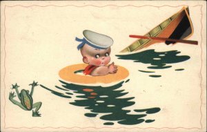 Little Boy Sailor Hat & Frog Old Postcard