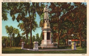 Vintage Postcard 1930's Soldiers Monument Norwich New London County Connecticut