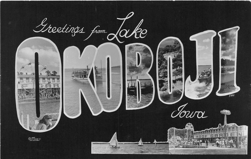 H93/ Lake Okoboji Iowa RPPC Postcard c1940s Large Letter Greetings  73