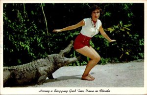 Florida Having A Snapping Good Time Alligator Biting Beautiful Girl 1959