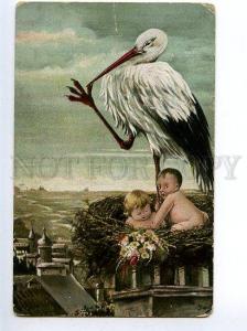 129223 Stork & Kids in Nest by AIRAS Vintage color PC