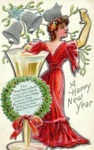 Circa 1910 Winsch Back Lovely Lady Toasting New Years Silver Bells Embossed P1