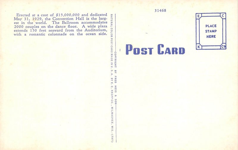 Atlantic City new Jersey 1940s Postcard Auditorium & Convention Hall 