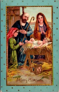 Gel Christmas Postcard Joseph, Mary, Baby Jesus Praying in a Manger