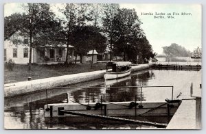 Berlin Wisconsin~Motor Launch Boat~Eureka Locks on the Fox River~Homestead c1915