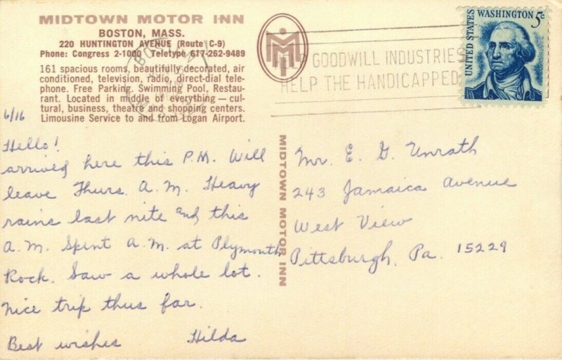 1969 Midtown Motor Inn, Huntington Ave. Boston Massachusetts -  Vintage Postcard