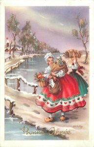 Artist signed dutch lady Christmas gifts winter fantasy landscape postcard
