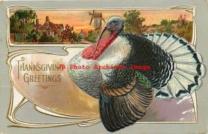Thanksgiving, B PC No 226-5, Large White Turkey, Windmill in Background