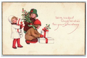 1922 Christmas Children Preparing Gift Holly Berries New London CT Postcard