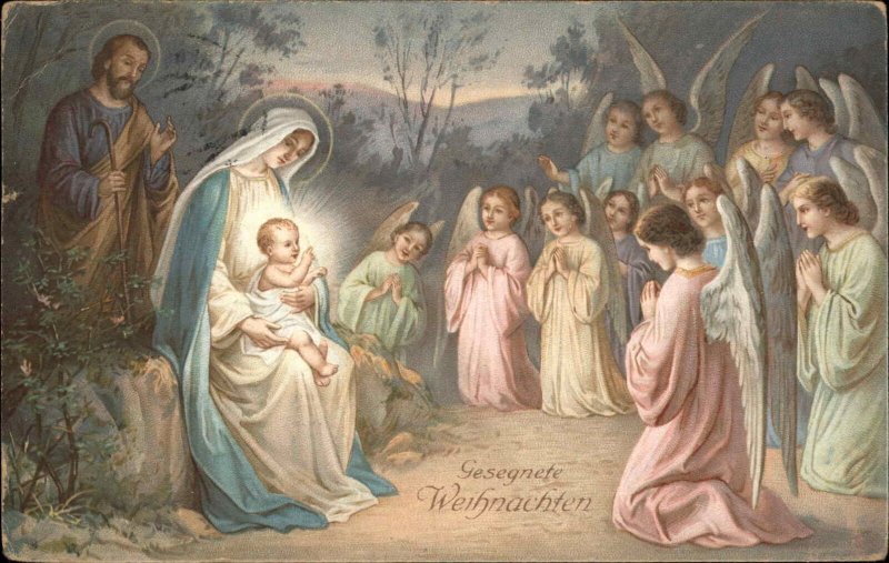 Gesegnete Weihnachten Christmas Angels Bow to Baby Jesus c1910 Postcard