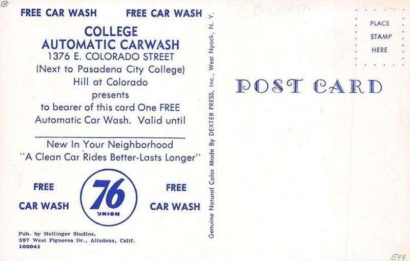 Glendale CA College Automatic Car Wash Gas Station 76 Union Old Cars Postcard