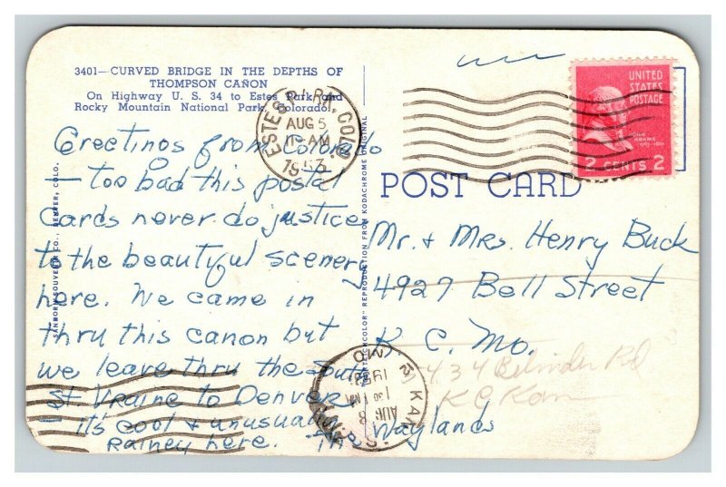 Vintage 1953 Postcard Highway 34 Rocky Mountain National Park Colorado