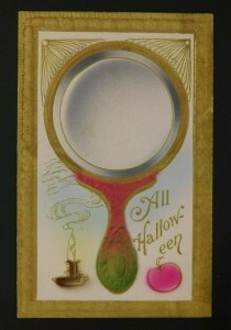 1910s Halloween Postcard with Red, Green and Gold Mirror, Apple and Candlestick