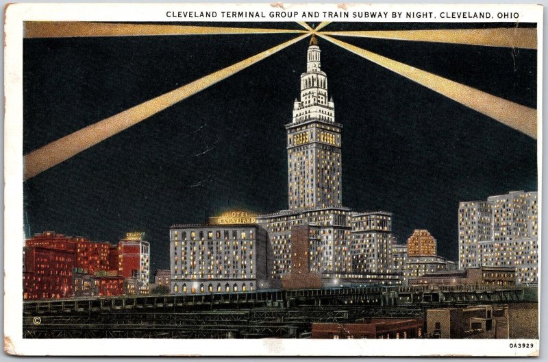 Cleveland Terminal Group & Train Subway By Night Cleveland Ohio Posted Postcard