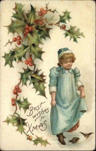 Christmas Cute Girl in Night Gown Birds Holly Embossed c1900s-20s Postcard