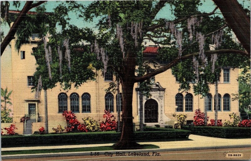 City Hall Lakeland Florida FL Linen Postcard Curteich VTG UNP Vintage Unused 