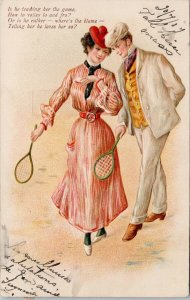Tennis Players Woman Man Elegant Tennis Lesson Teacher Embossed Postcard G64