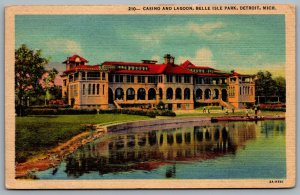 Postcard Detroit MI c1932 Casino and Lagoon Belle Isle Park Building View Linen