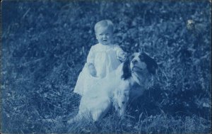 Baby & Dog - Springer Spaniel CRISP CYANOTYPE c1910 Real Photo Postcard