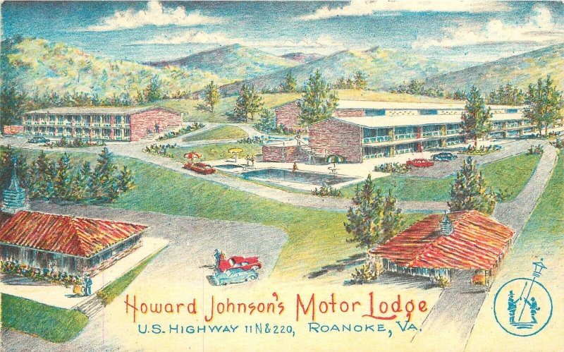 Postcard Virginia Roanoke Howard Johnson's Motor Lodge Birdseye Boeres 23-812