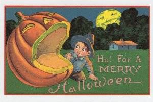 Hungry Pumpkin Soon Eating Boy Smiling Moon Halloween Postcard