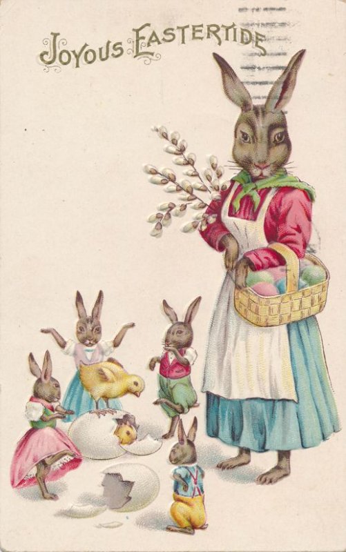 Easter Greetings - Dressed Mother Rabbit and Dancing Bunnies - pm 1920 - DB