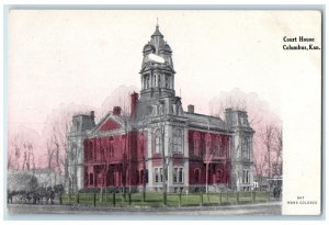 c1920's Court House Hand Color Building Tower Dirt Road Columbus Kansas Postcard