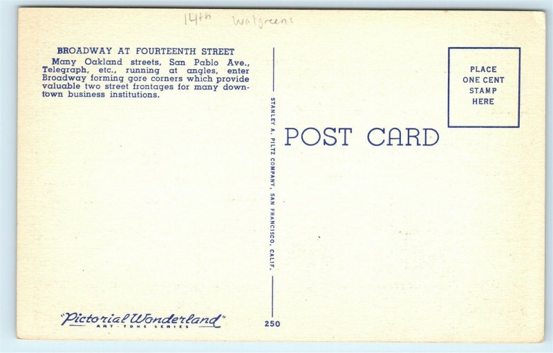 Oakland CA 14th and Broadway Walgreens Vintage Linen Postcard E33