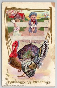 Thanksgiving Greetings Children On Fence With Turkey Postcard K29