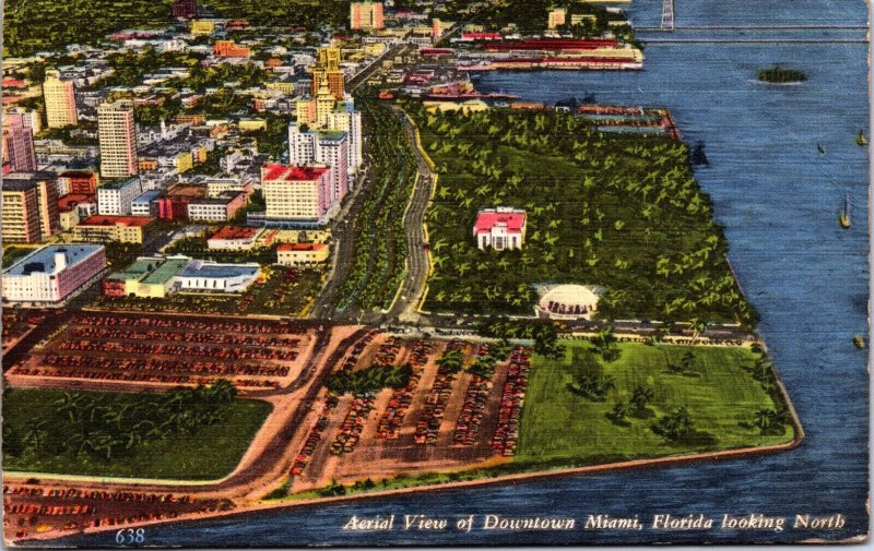 USA Aerial View Downtown Miami Florida Linen Postcard 09.72