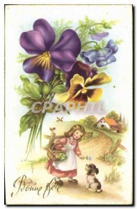 Old Postcard Bonne Fete Flower Child Dog