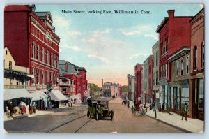 Willimantic Connecticut Postcard Main Street Looking East Classic Car Horse 1914