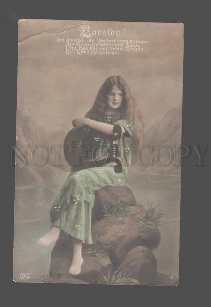 083556 MERMAID Nymph LONG HAIR w/ HARP Lyra Vintage PHOTO