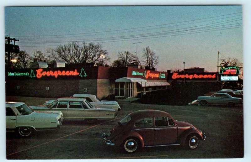 DUNDEE, Illinois IL ~ Roadside SYLVIA'S EVERGREENS 1960s Neon - VW Bug Postcard 