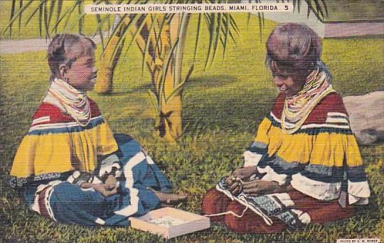 Seminole Indian Girls Stringing Beads Miami Florida