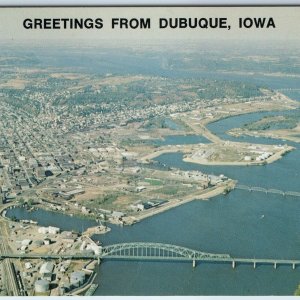 c1960s Dubuque, IA Iowa Greetings Birds Eye Downtown Mississippi Bridge PC A236